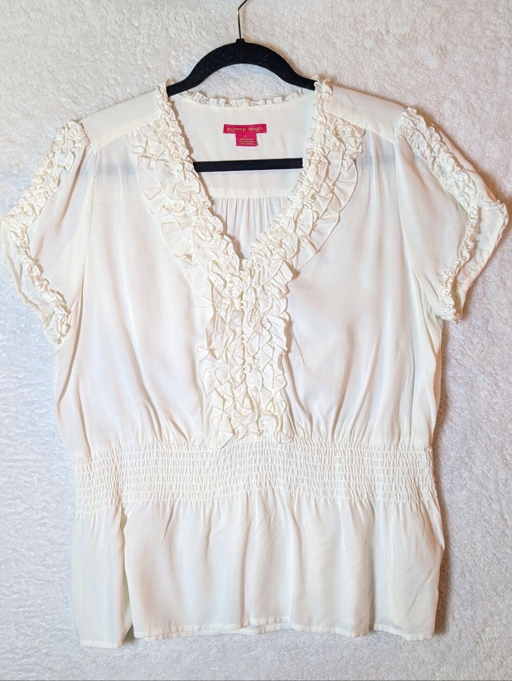96-Sunny Leigh White Ruffle V-Neck Smocked Waist Blouse